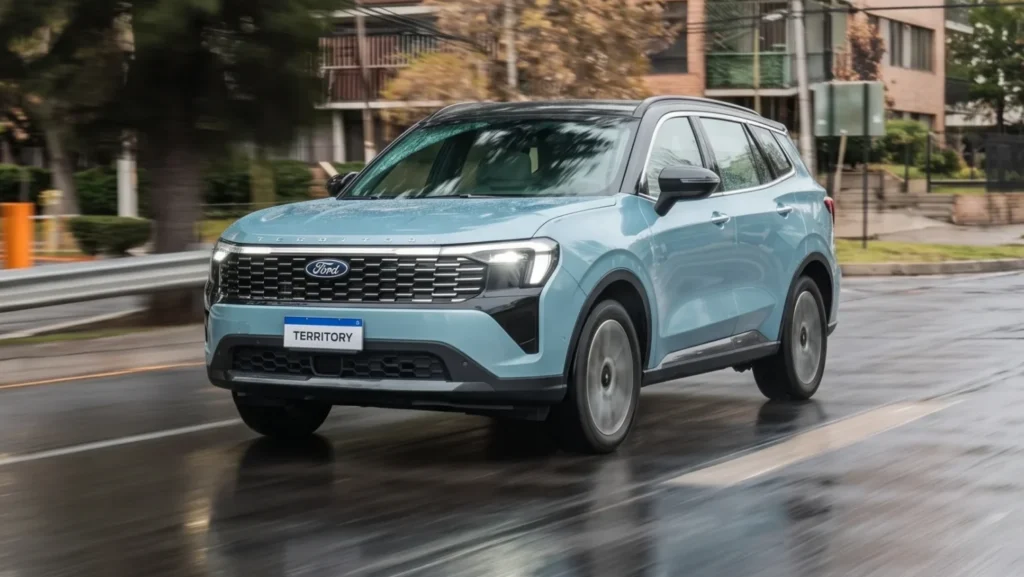 Ford Territory Platinum: Ford Territory en movimiento sobre carretera mojada.
