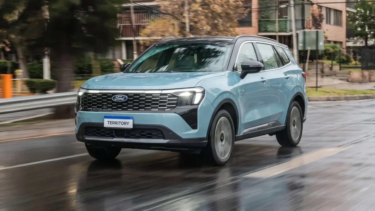 Ford Territory Platinum: Ford Territory en movimiento sobre carretera mojada.