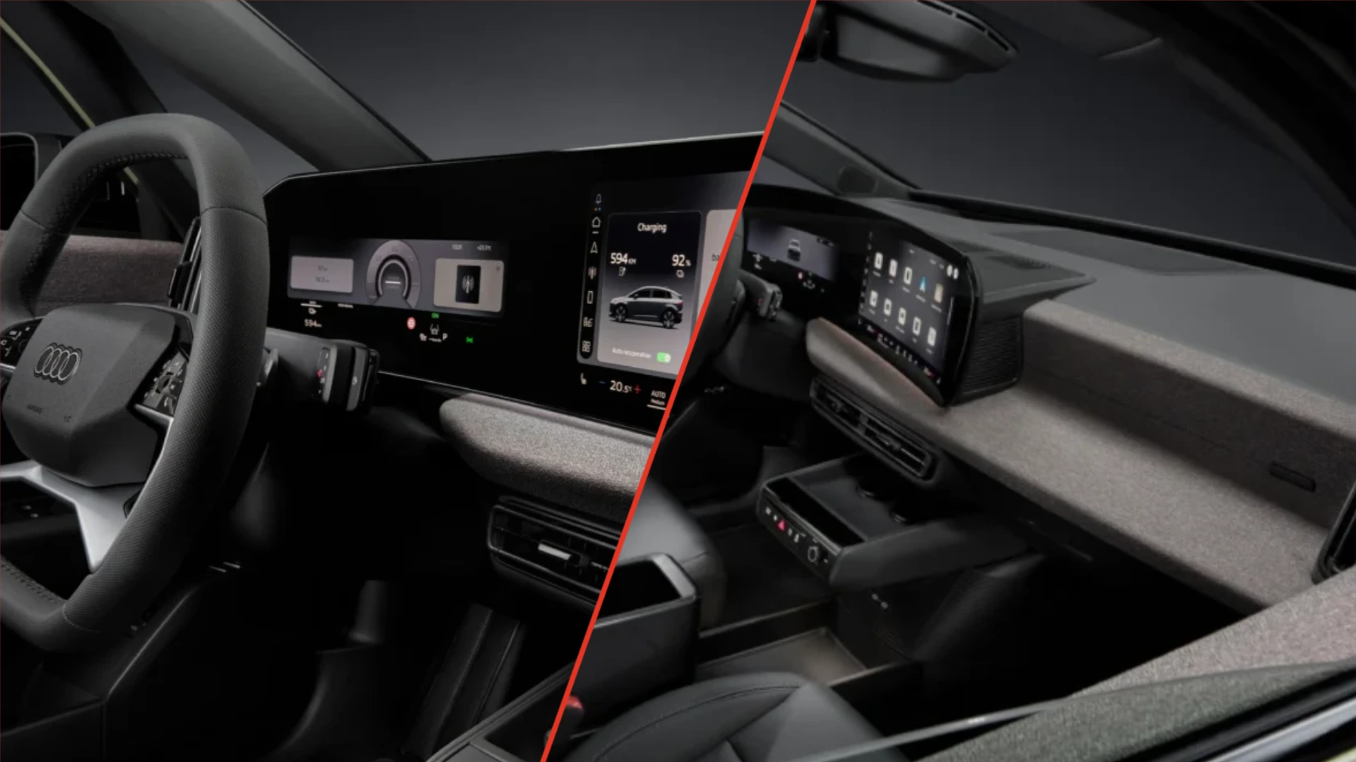 Vista detallada del interior del Audi A2 e-tron, destacando la consola central con carga inalámbrica y el avanzado tablero digital con pantalla multifunción, reflejando la tecnología e-tron.