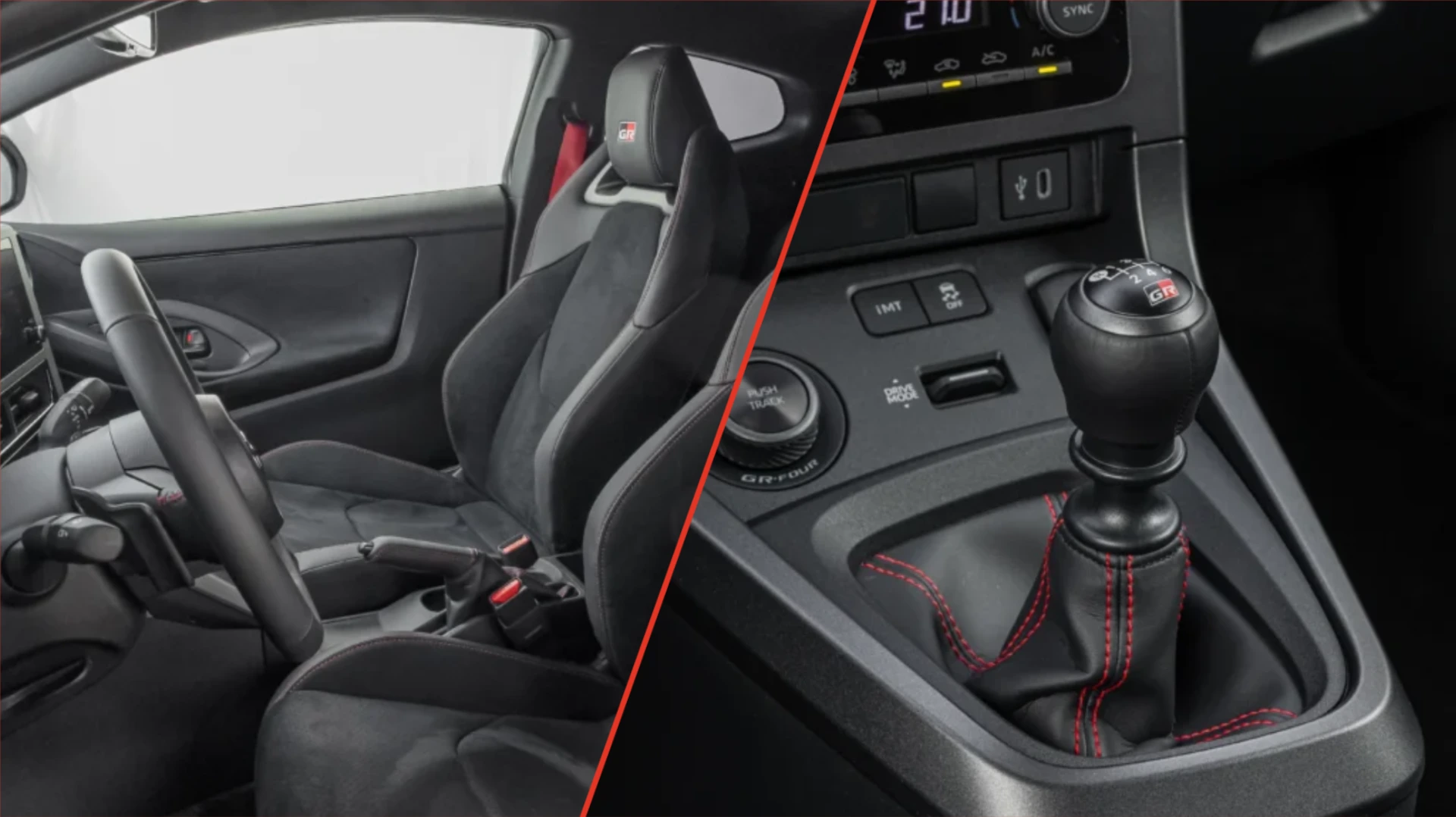 Toyota GR Yaris: la joya de rally llega a Colombia con 296 caballos 7 Composición editorial del Toyota GR Yaris mostrando su interior deportivo, incluyendo detalles de la consola central y la palanca de cambios, ideal para entusiastas de autos de alto rendimiento.