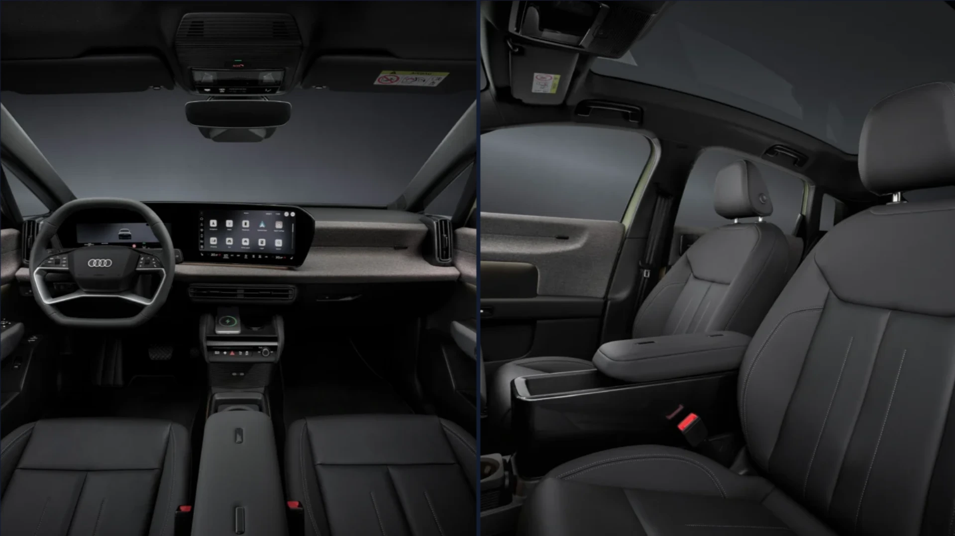 Composición editorial del Audi A2 e-tron, destacando su lujoso interior en cuero negro, con detalles del panel de control y la consola central, ideal para análisis de diseño automotriz.