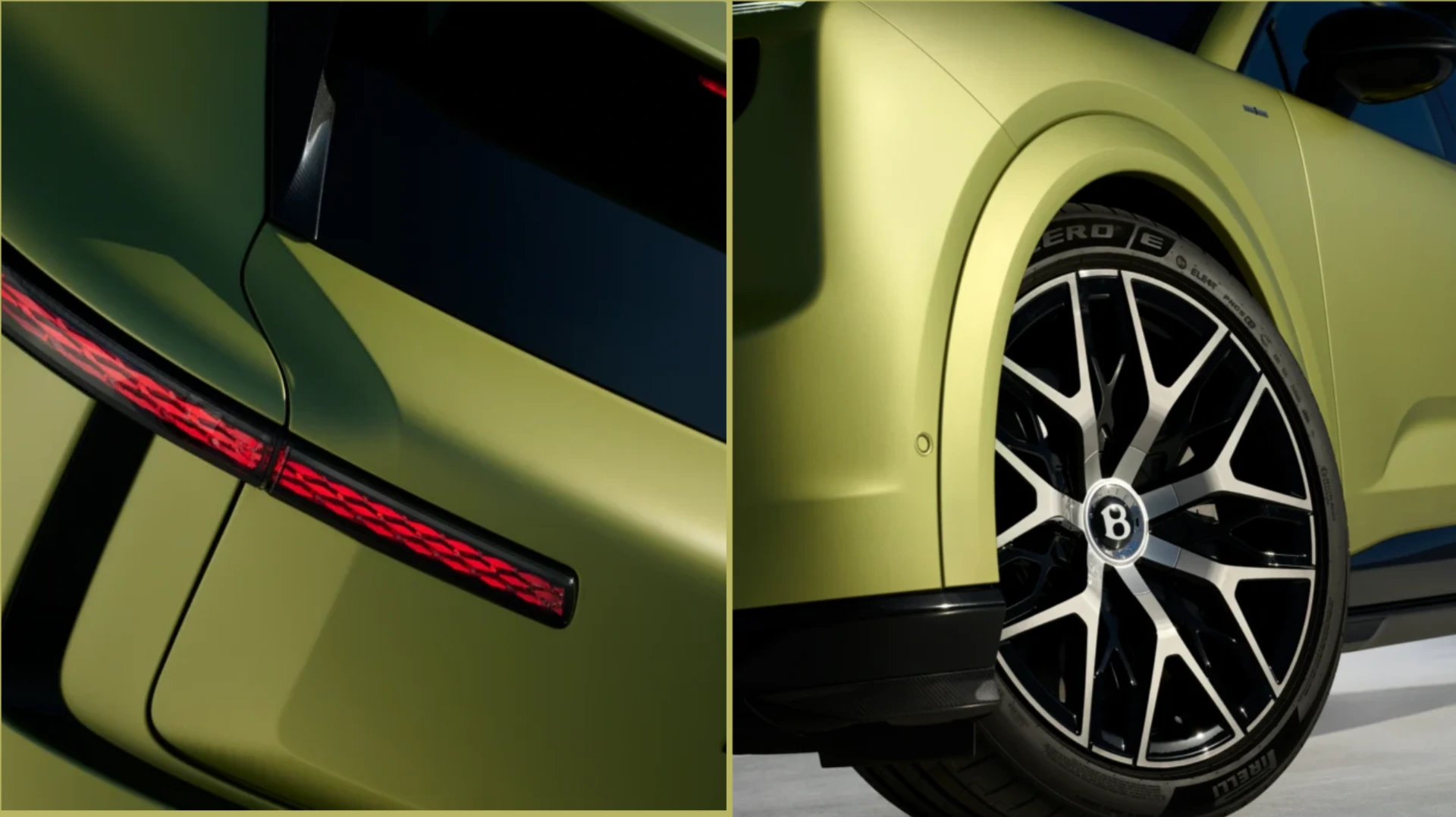Composición editorial de un Bentley Bentayga, destacando su diseño trasero con detalles distintivos y una vista de su rueda con un acabado verde exclusivo, resaltando la elegancia y el lujo del SUV.