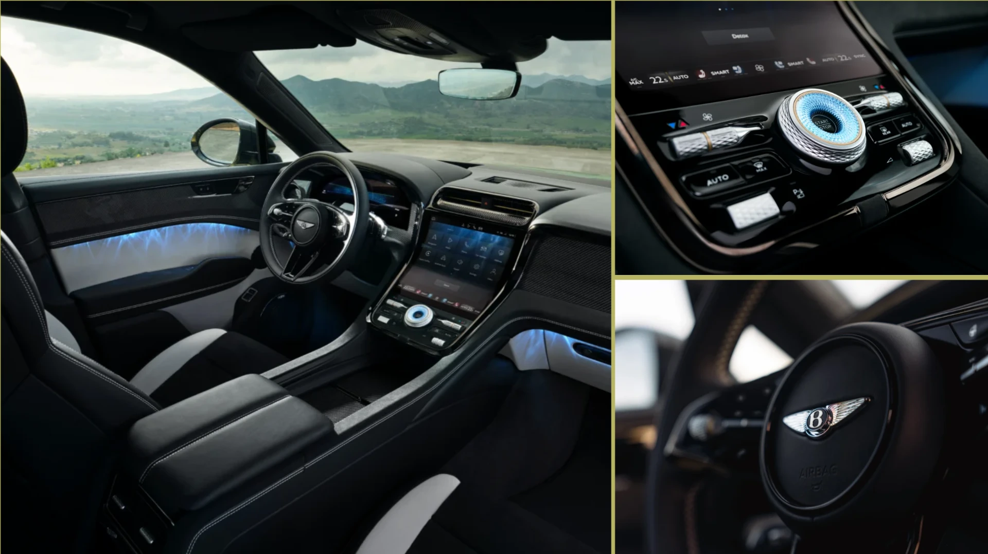 Bentley Torcal: un SUV de lujo que redefine la sofisticación eléctrica 5 Composición editorial del Bentley Torcal, destacando su lujoso interior con tecnología avanzada, controles detallados y el distintivo emblema en el volante, reflejando la artesanía y el diseño premium de Bentley.