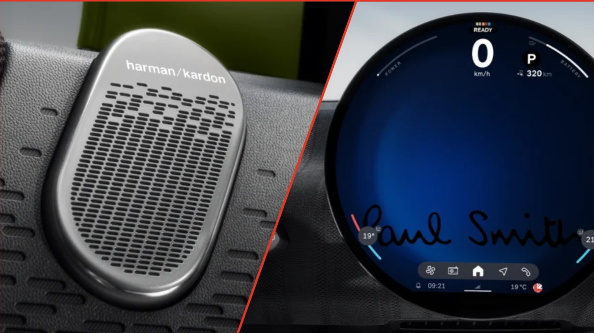Aniversario de MINI: Paul Smith Edition llega a Colombia con estilo inconfundible 5 Composición de aniversario de MINI mostrando el interior del vehículo con detalles de audio Harman Kardon y la pantalla de información y entretenimiento con diseño de Paul Smith, destacando la tecnología y el estilo distintivo de la marca.