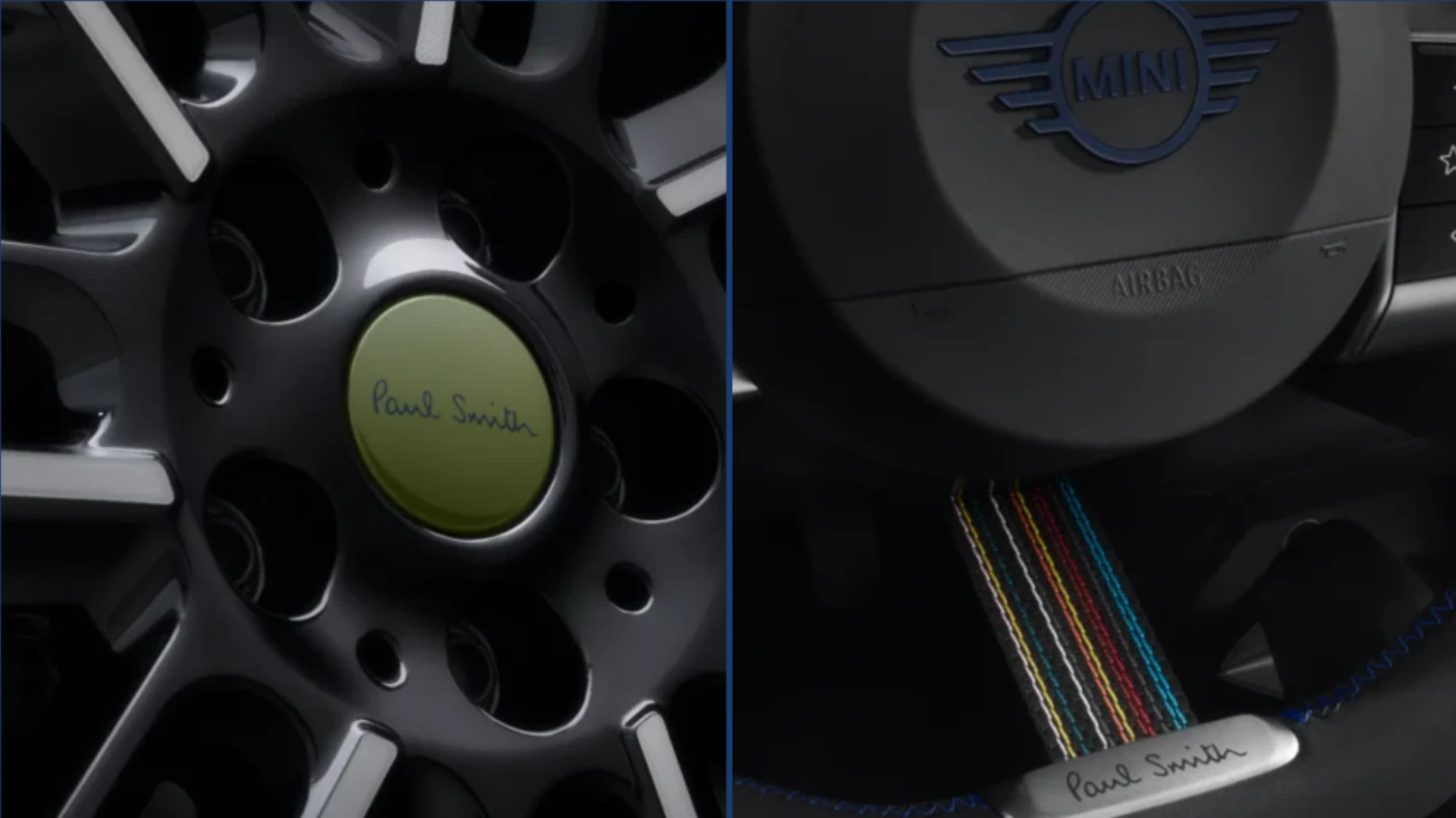 Aniversario de MINI: Paul Smith Edition llega a Colombia con estilo inconfundible 7 Composición fotográfica del MINI Paul Smith Edition celebrando su aniversario, destacando detalles exteriores como las llantas negras y el diseño icónico, junto con el interior del vehículo que incluye el volante negro y acabados distintivos.