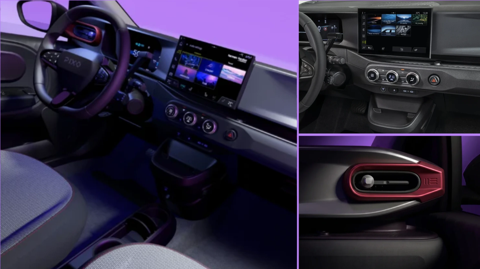 Composición editorial de un Nissan Pixo, destacando su interior moderno y detalles de diseño. Incluye vistas del habitáculo y elementos distintivos.