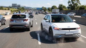 tecnologías ADAS en Hyundai: Dos vehículos Hyundai en autopista con sistemas ADAS.