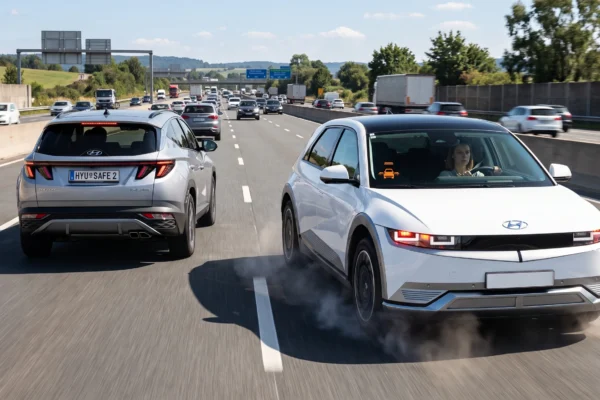 tecnologías ADAS en Hyundai: Dos vehículos Hyundai en autopista con sistemas ADAS.
