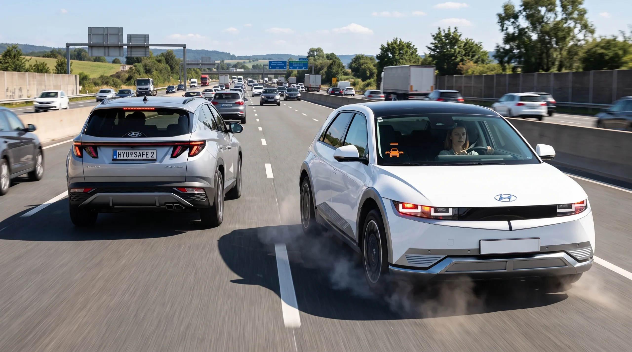 tecnologías ADAS en Hyundai: Dos vehículos Hyundai en autopista con sistemas ADAS.