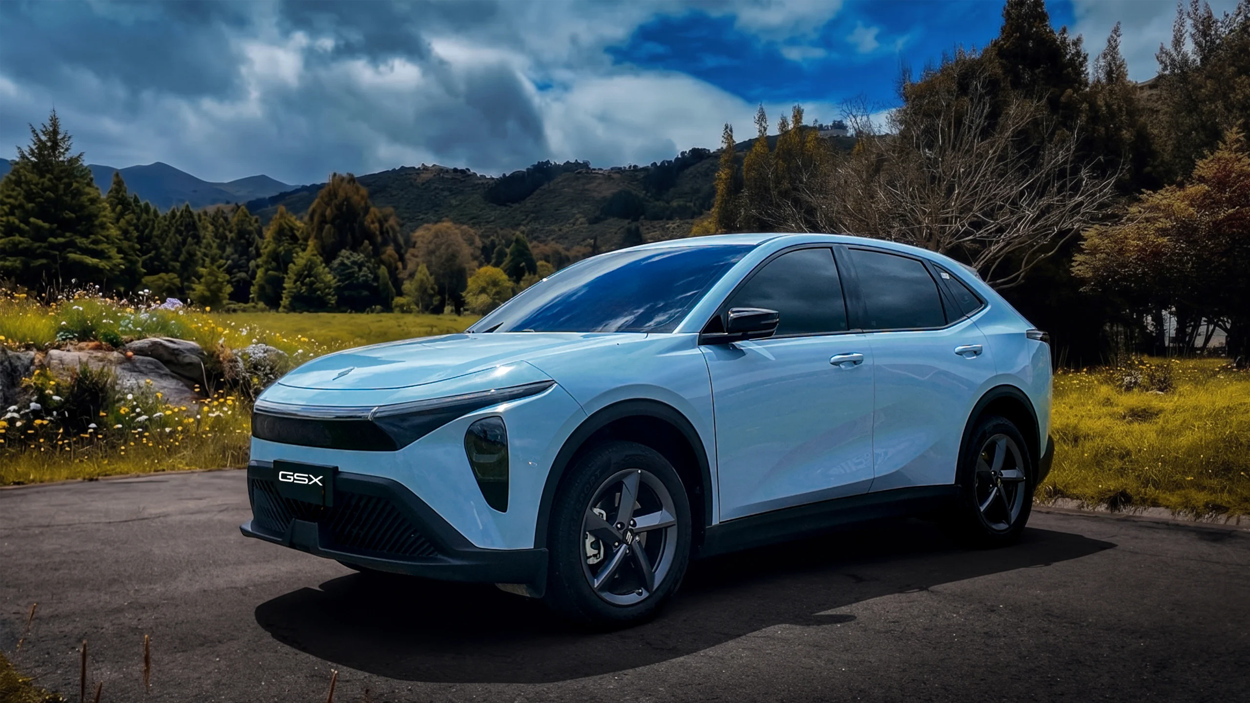 JMEV GSX: una SUV eléctrica con 610 km de autonomía llega a Colombia 3 JMEV GSX de color azul claro en paisaje natural.