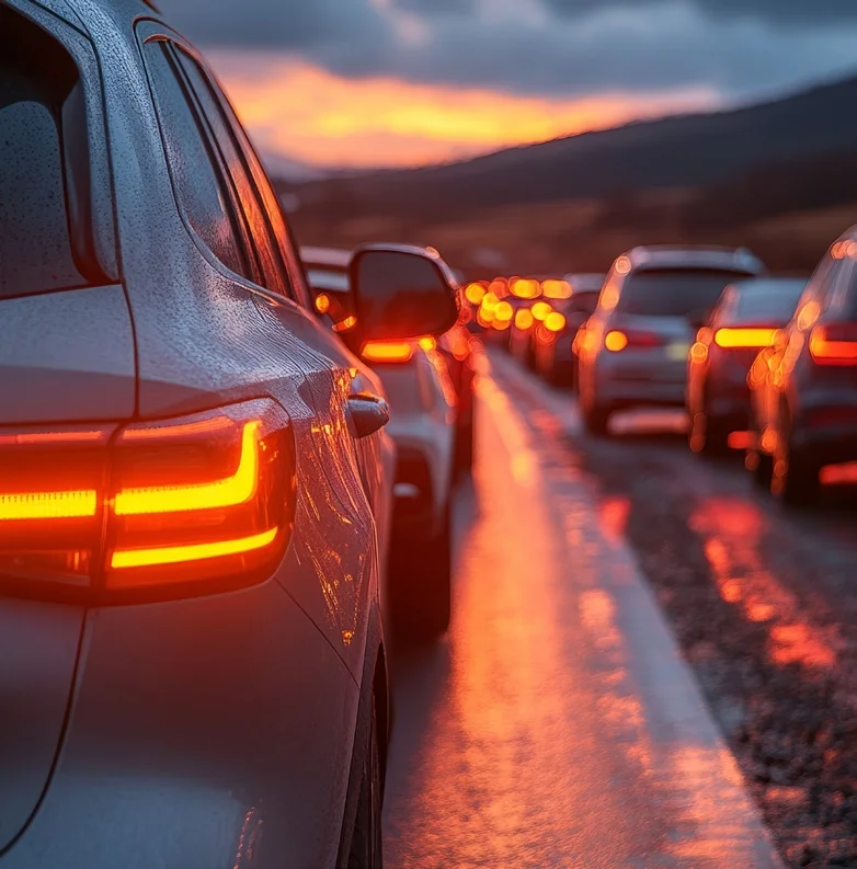 Emisiones de Inchcape: notable reducción global y ruta sostenible en Latam 3 emisiones de Inchcape: Tráfico de carros en atardecer con luces encendidas.
