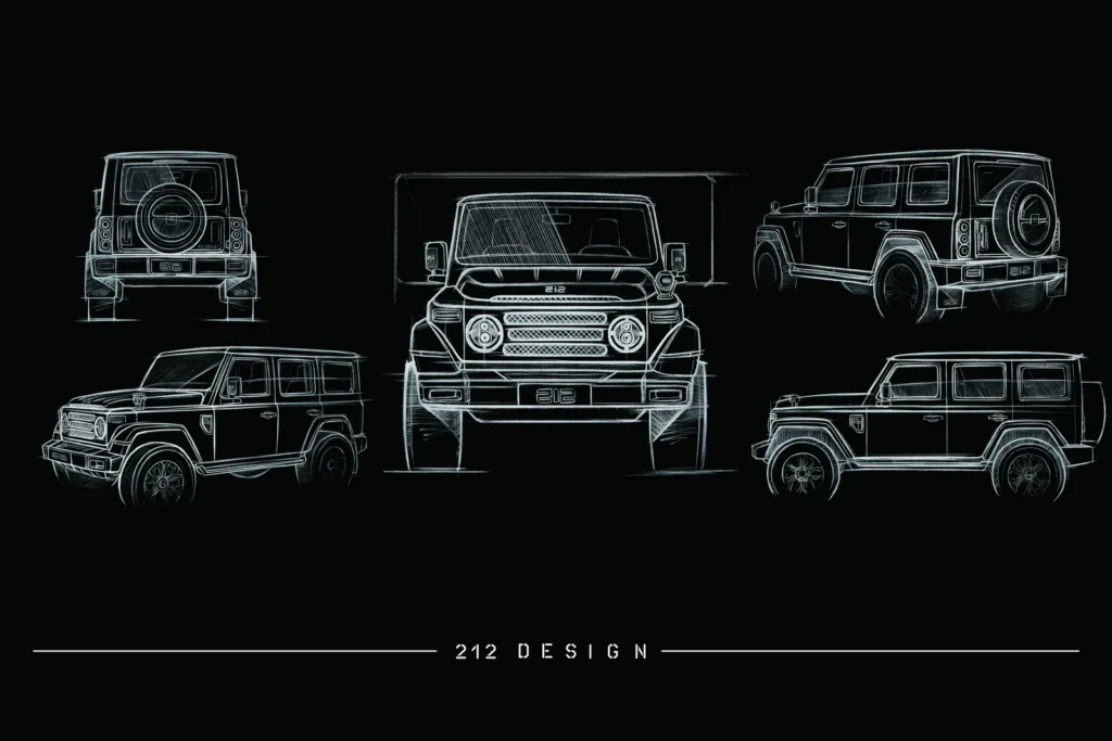 212 T01 Adventure: un todoterreno puro llega a Colombia con doble eje rígido 6 El ADN robusto de este 4x4 se plasma en cada boceto, desde su imponente parrilla hasta su rueda de repuesto trasera.
