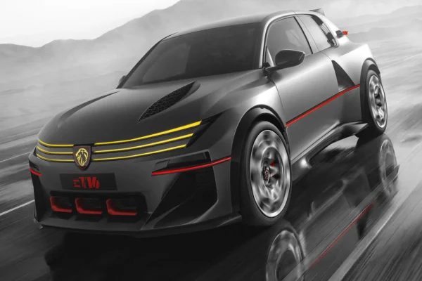 Peugeot E-T16 Concept visto lateralmente, luces traseras rojas.
