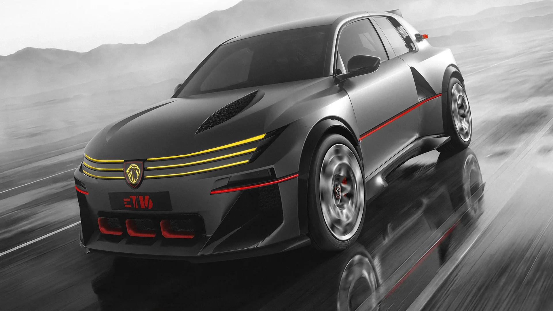 Peugeot E-T16 Concept visto lateralmente, luces traseras rojas.