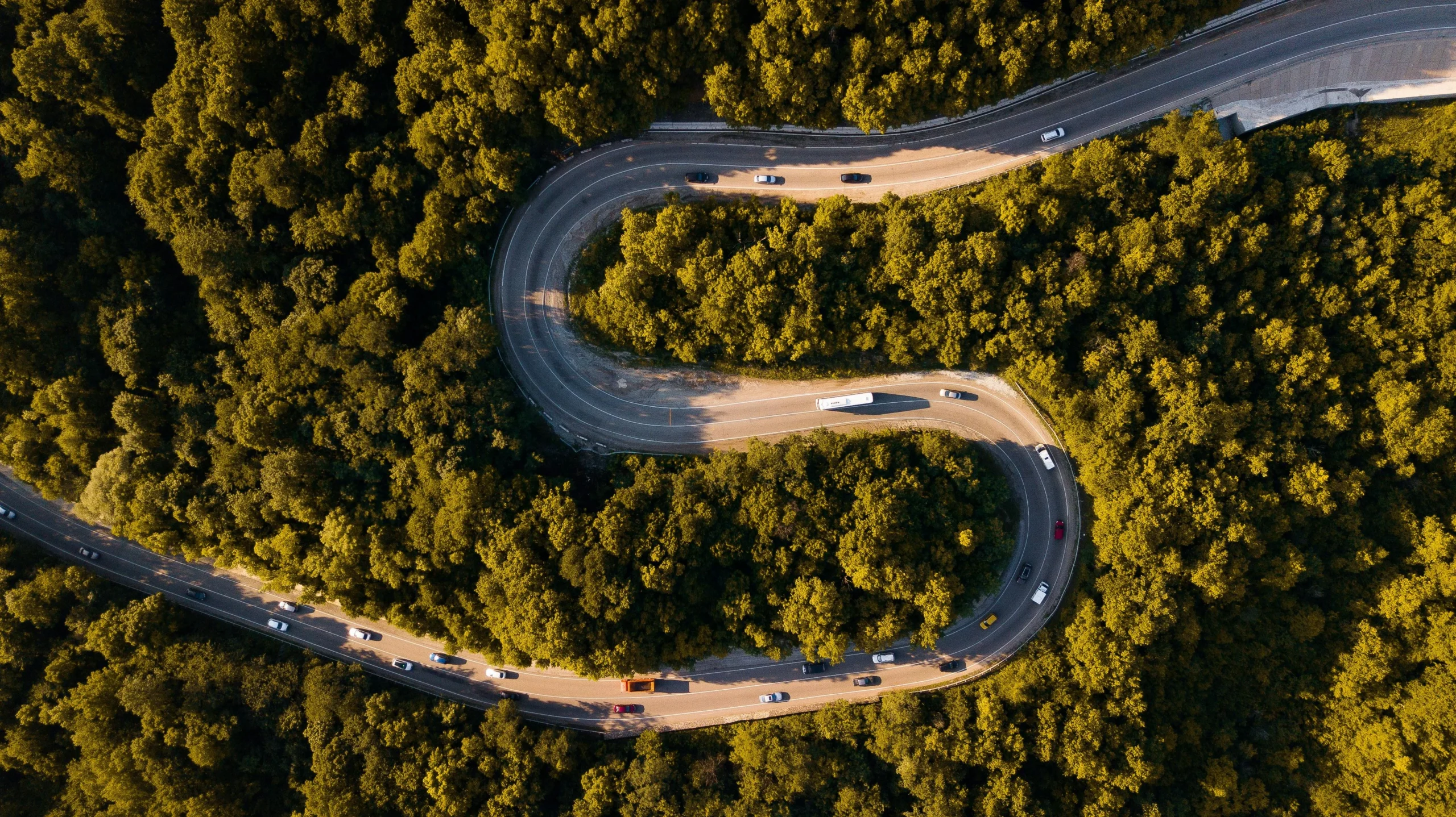 sostenibilidad de Astara: Vista aérea de carretera serpenteante a través de bosque con carros.