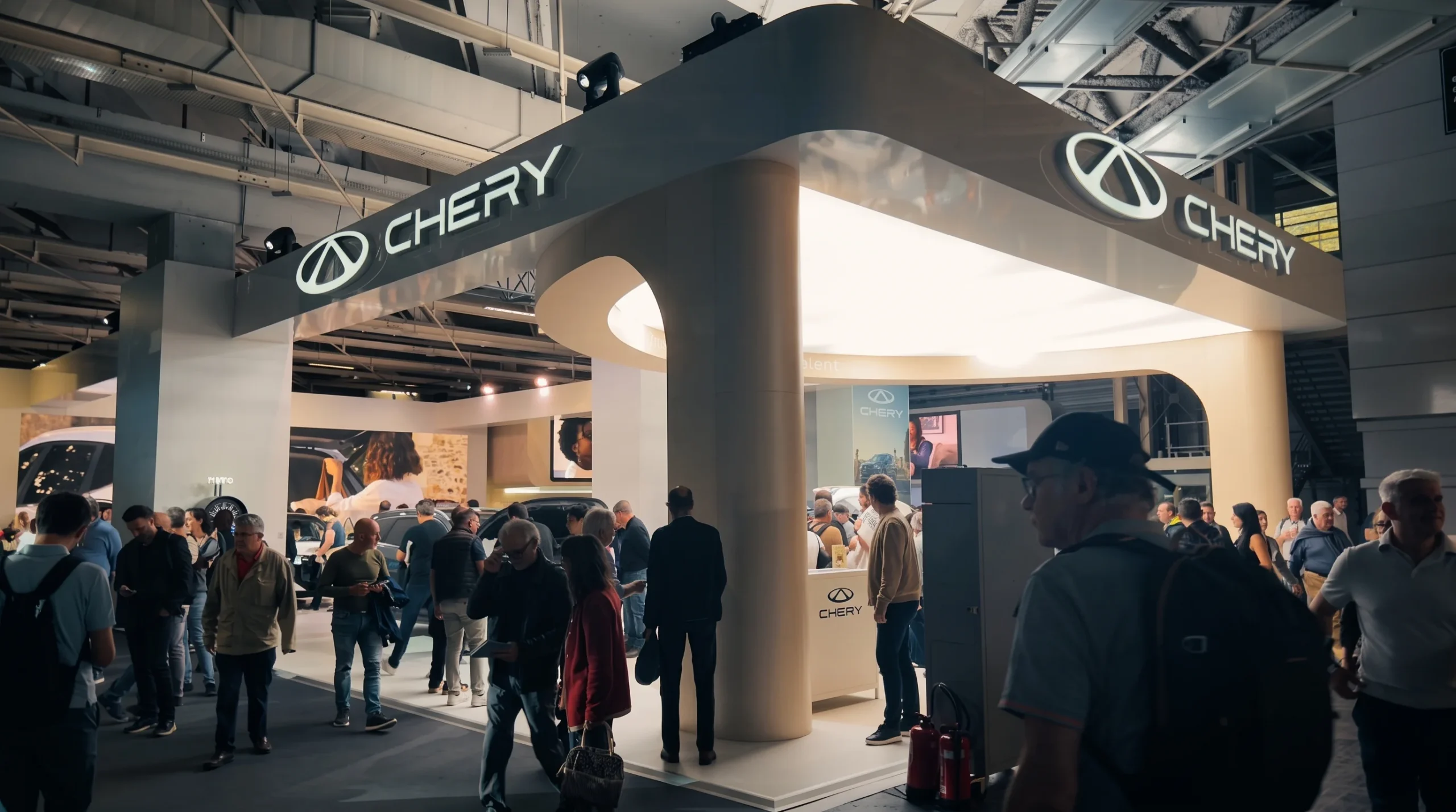 Chery Q: Expositores y público en el stand de Chery en París 2026.