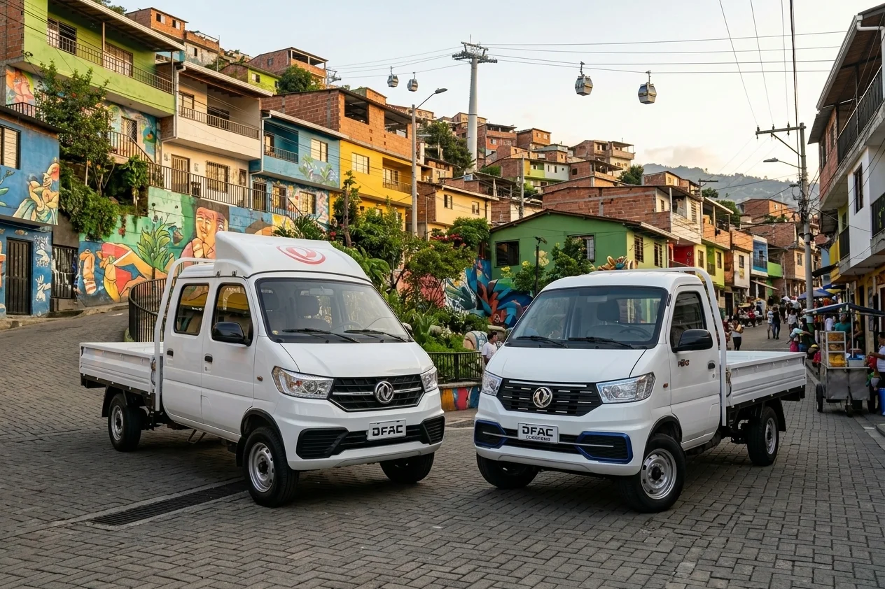 DFAC Capitán W GNV: DFAC Capitán W en una calle de Medellín con casas coloridas.