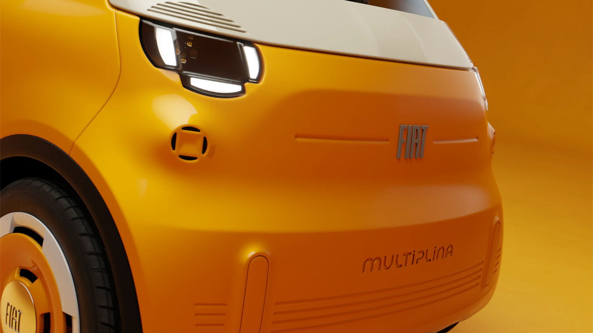 Frontal del concepto Fiat Multiplina eléctrico amarillo.
