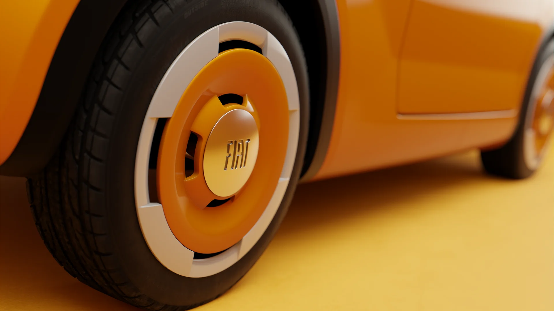 Rueda delantera conceptual del Fiat Multiplina en color naranja.