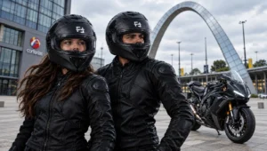 Expo 2Ruedas: Pareja de motociclistas con cascos y chaquetas negras.