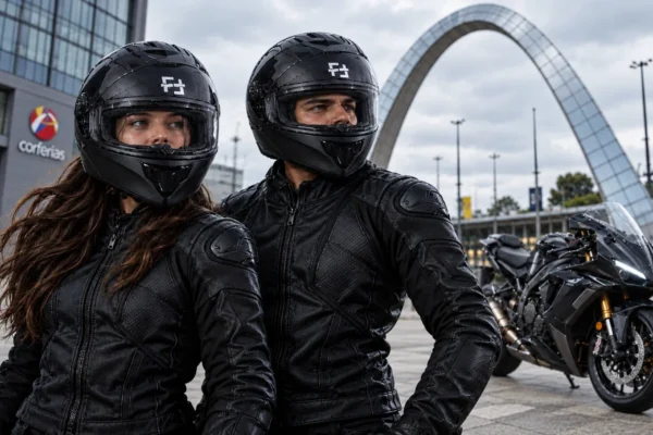 Expo 2Ruedas: Pareja de motociclistas con cascos y chaquetas negras.