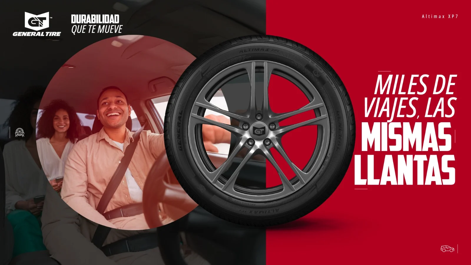 llantas General Tire: Llanta General Tire Altimax XP7 y personas en carro.