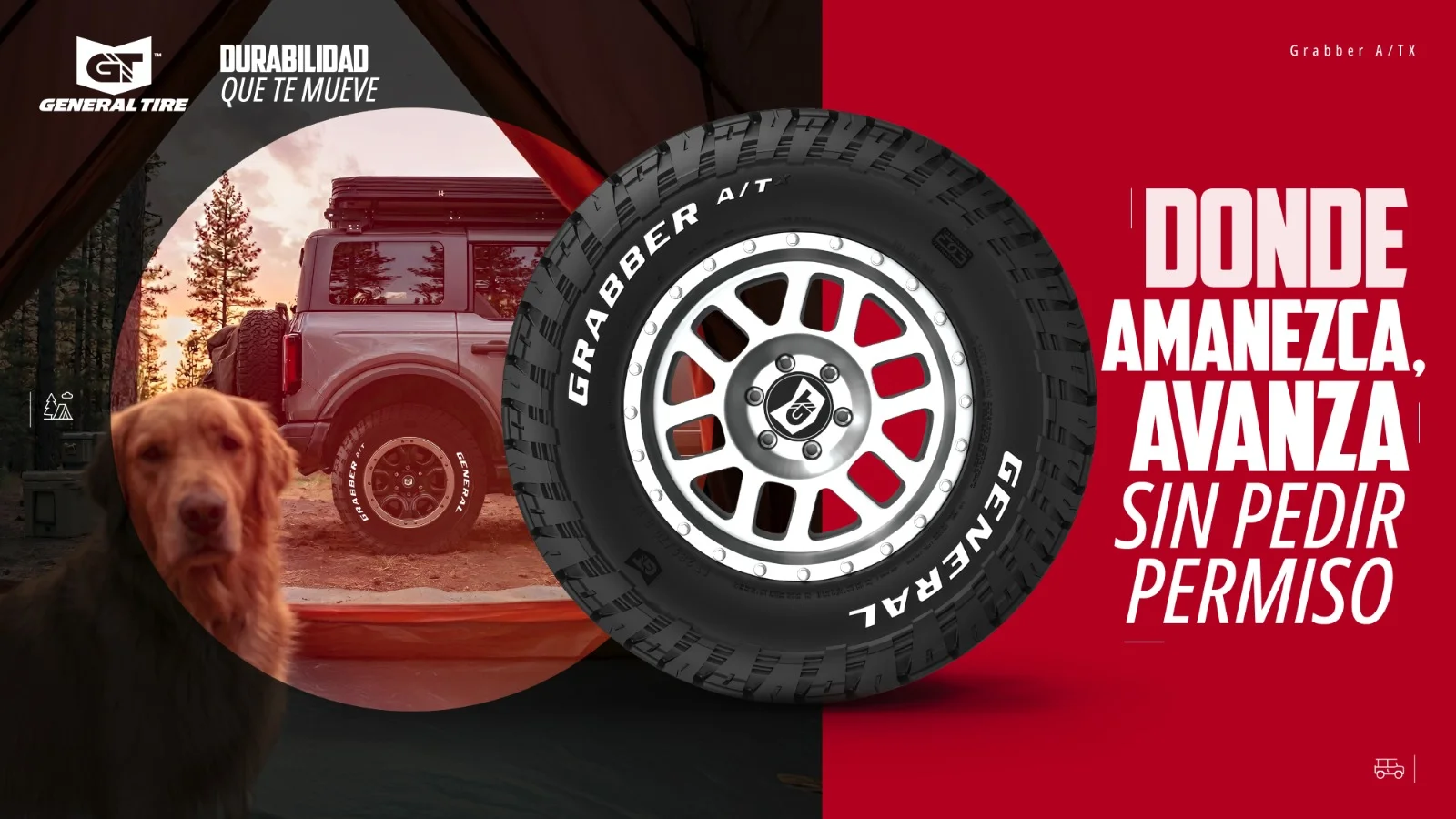Llantas General Tire: claves para elegir durabilidad, rendimiento y respaldo en Colombia 2 llantas General Tire: Llanta General Tire Grabber A/T con vehículo y perro.