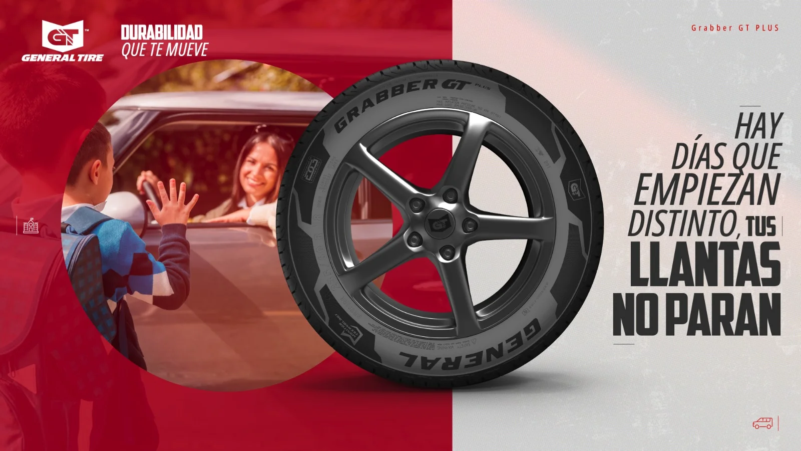 Llantas General Tire: claves para elegir durabilidad, rendimiento y respaldo en Colombia 3 llantas General Tire: Niño despidiendo, llanta General Tire Grabber GT Plus.