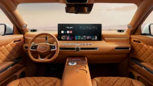Interior Genesis GV90 con pantalla central LG y acabados de lujo.