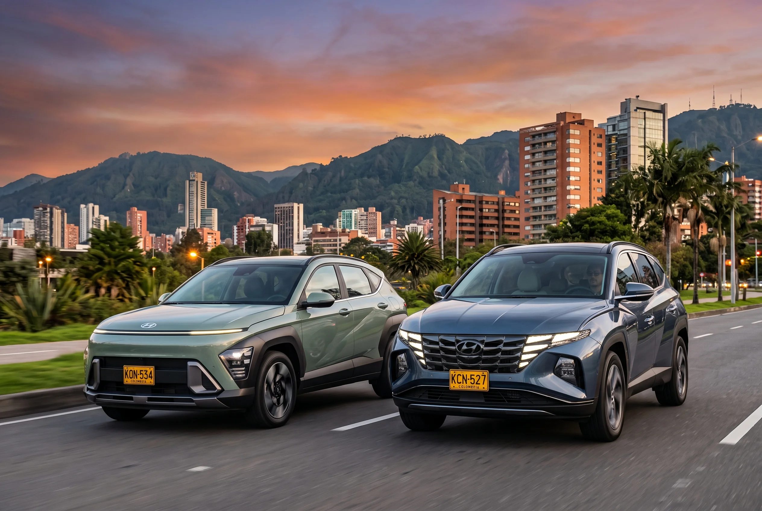 Hyundai KONA: la evolución del diseño SUV en el mercado colombiano 2 Hyundai Kona y Tucson en movimiento con paisaje urbano.