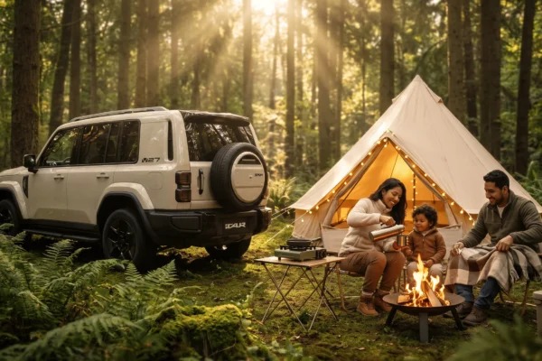 iCAUR V23 EV: Familia en camping junto a vehículo iCAUR V27.