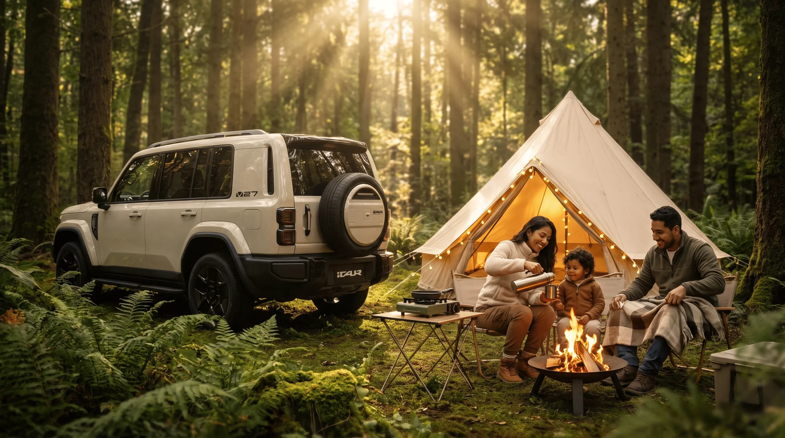 iCAUR V23 EV: Familia en camping junto a vehículo iCAUR V27.