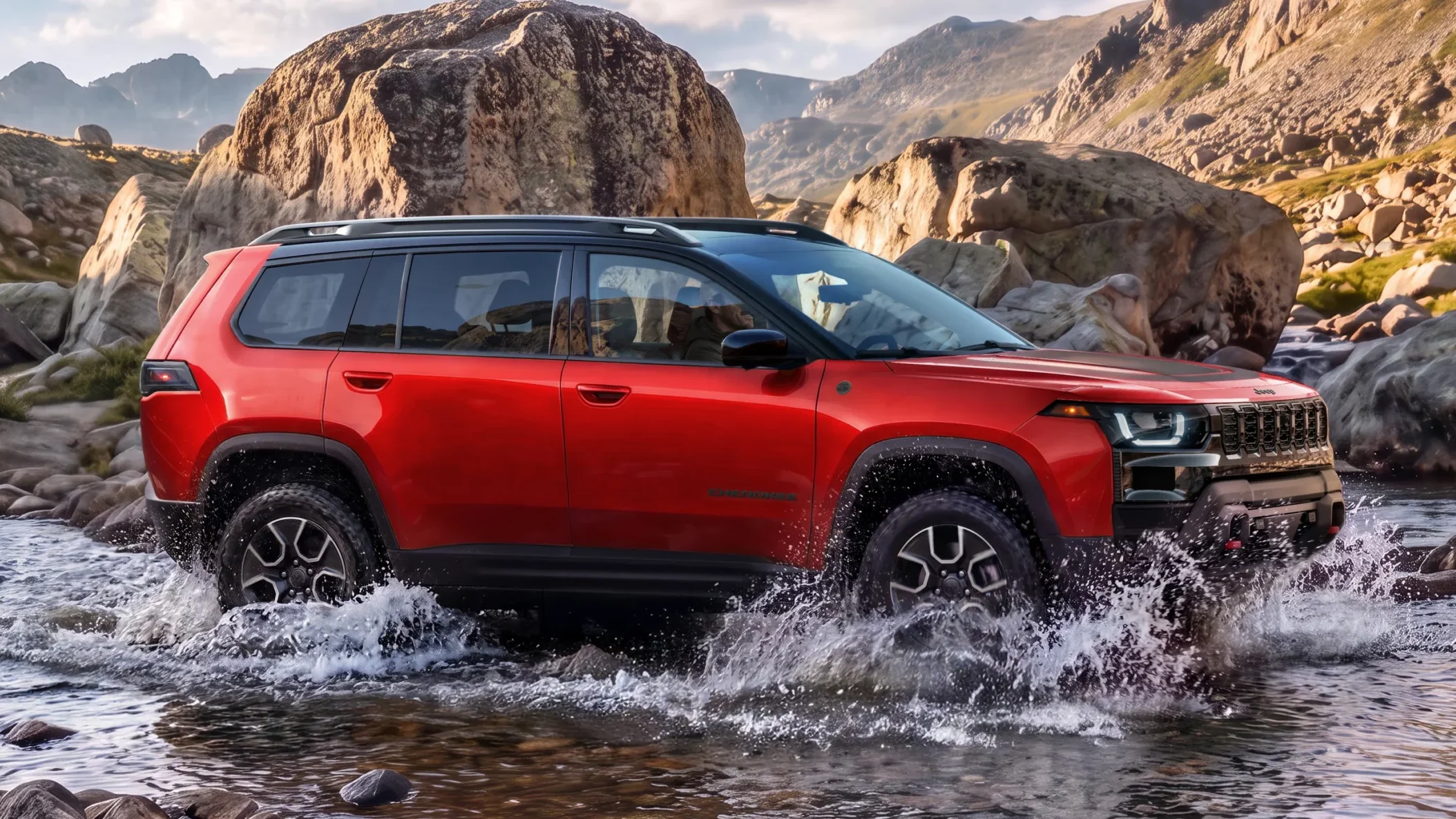 Jeep Cherokee Trailhawk: Jeep Cherokee 2023 atravesando un río en un paisaje montañoso.
