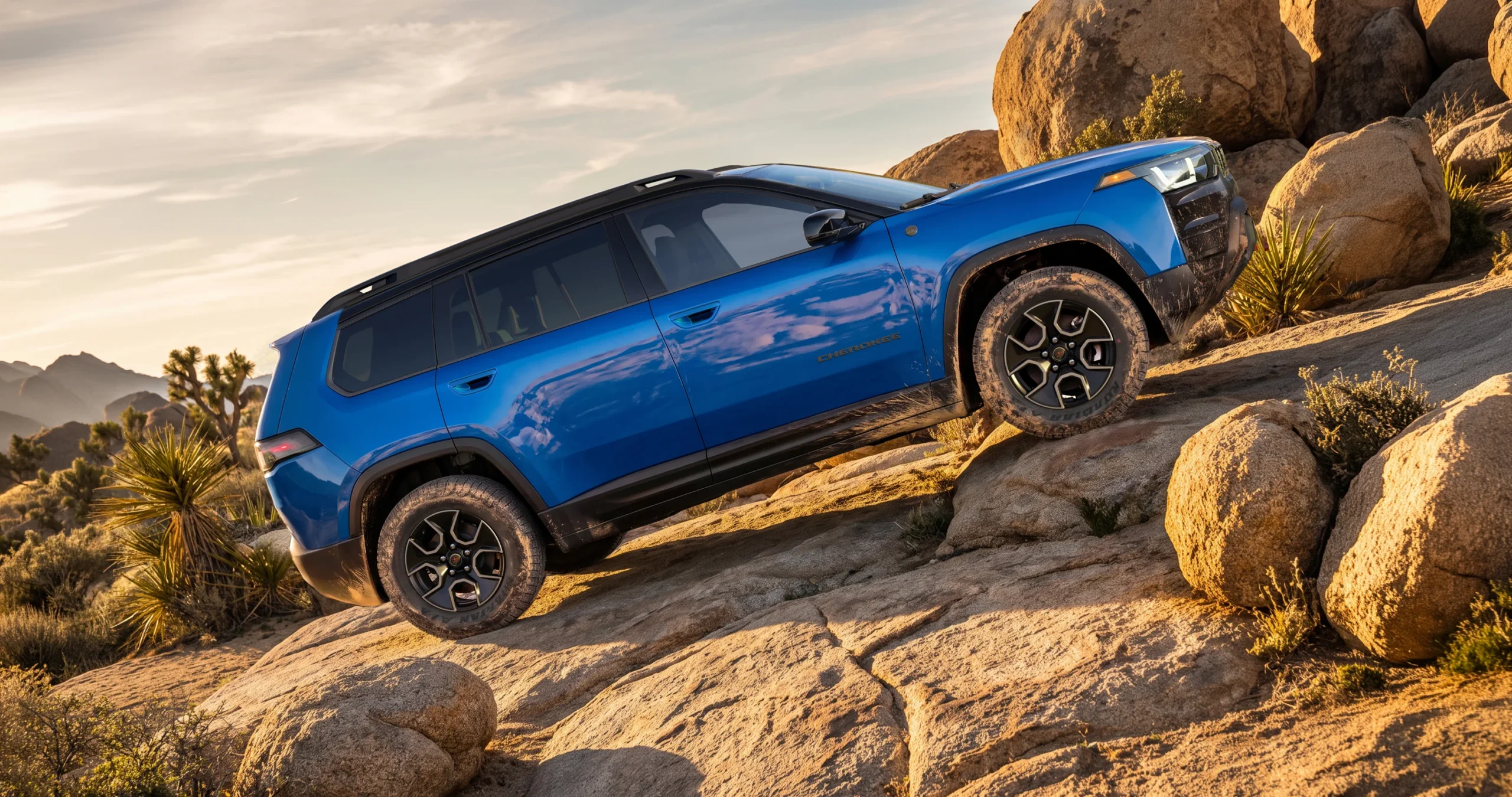 Jeep Cherokee Trailhawk: Jeep Cherokee azul en terreno rocoso desértico.