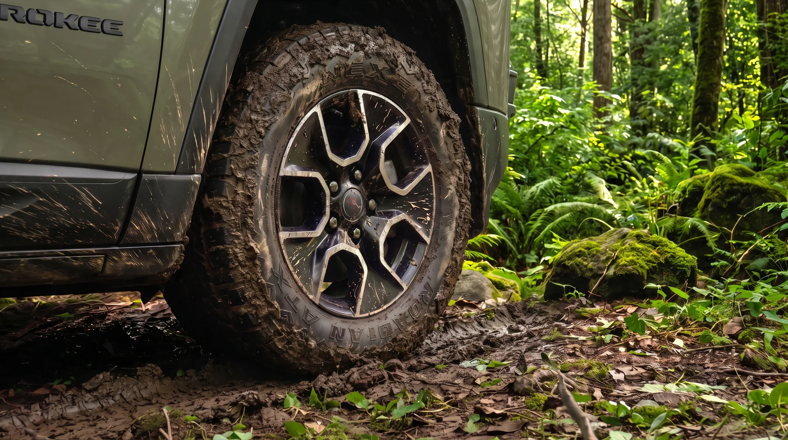 Jeep Cherokee Trailhawk: Jeep Cherokee con barro en su llanta todoterreno.
