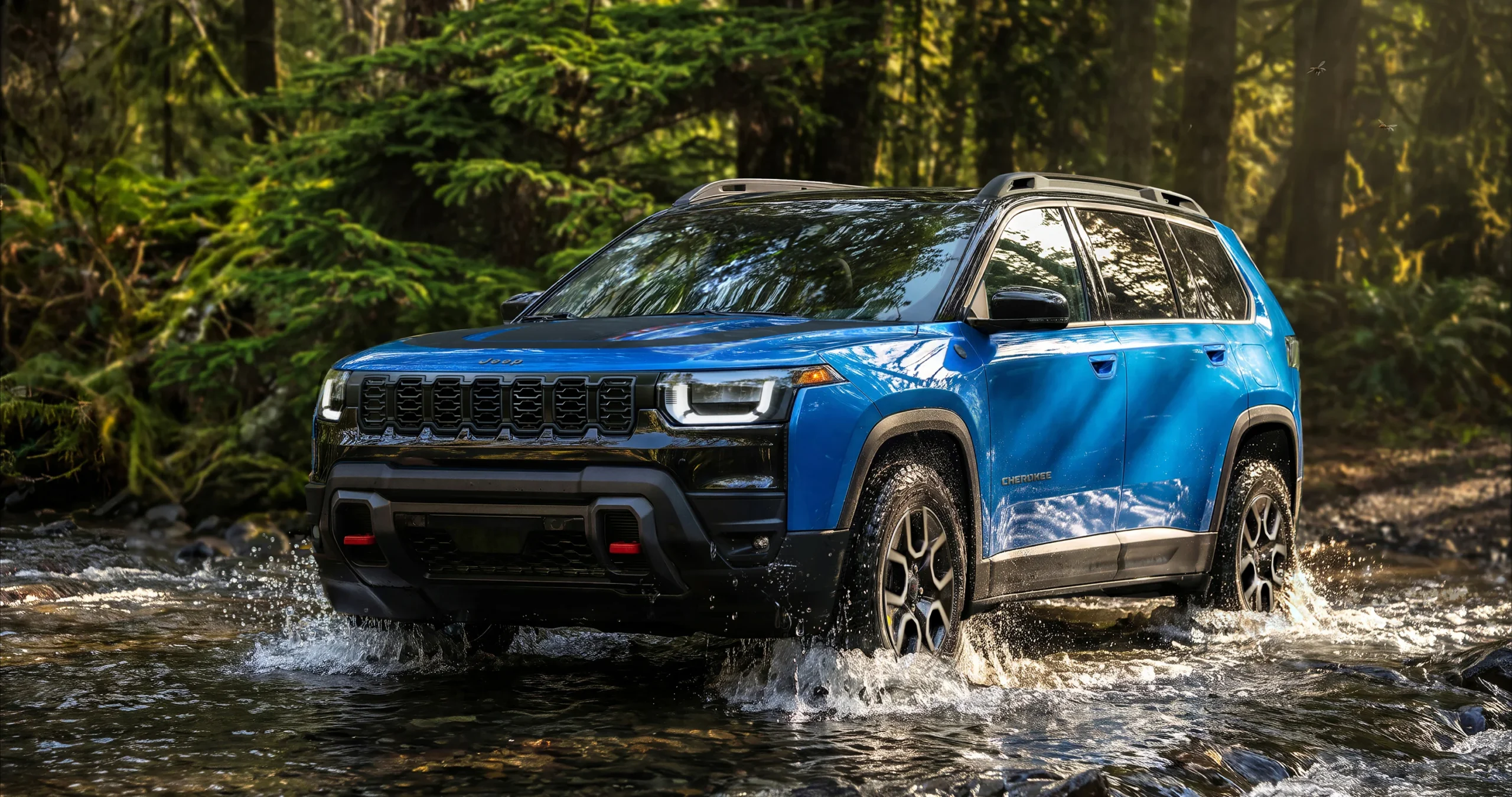 Jeep Cherokee Trailhawk: Jeep Cherokee azul atravesando un río en bosque.