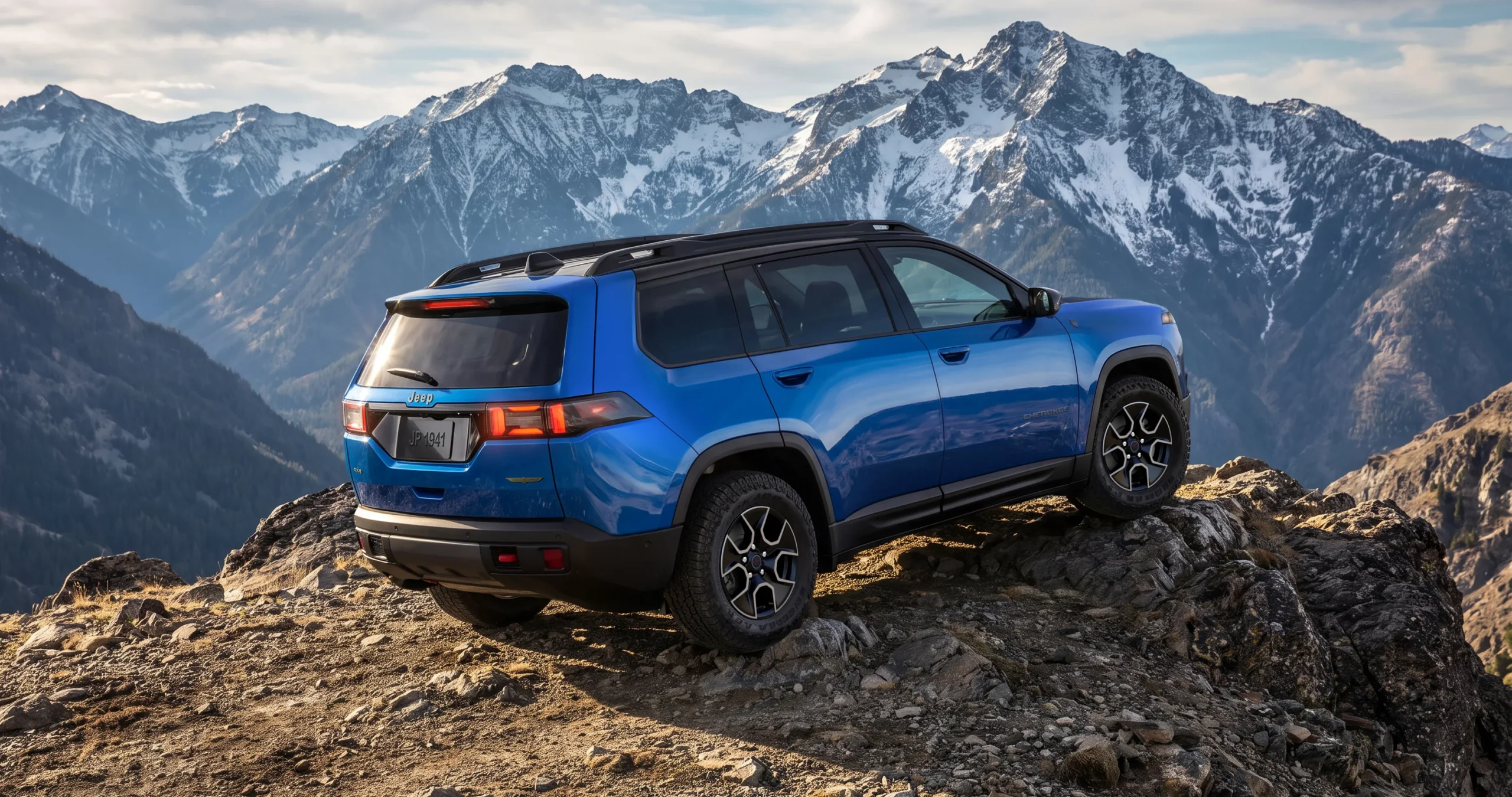 Jeep Cherokee Trailhawk: Jeep Grand Cherokee L azul en montaña rocosa.