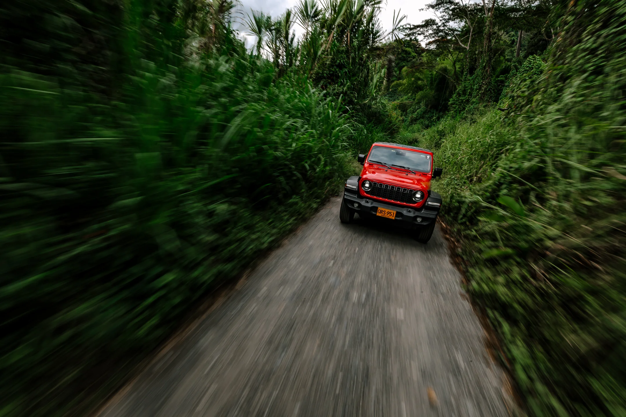 Jeep Avenger: Jeep Wrangler rojo circulando carretera verde selvática.