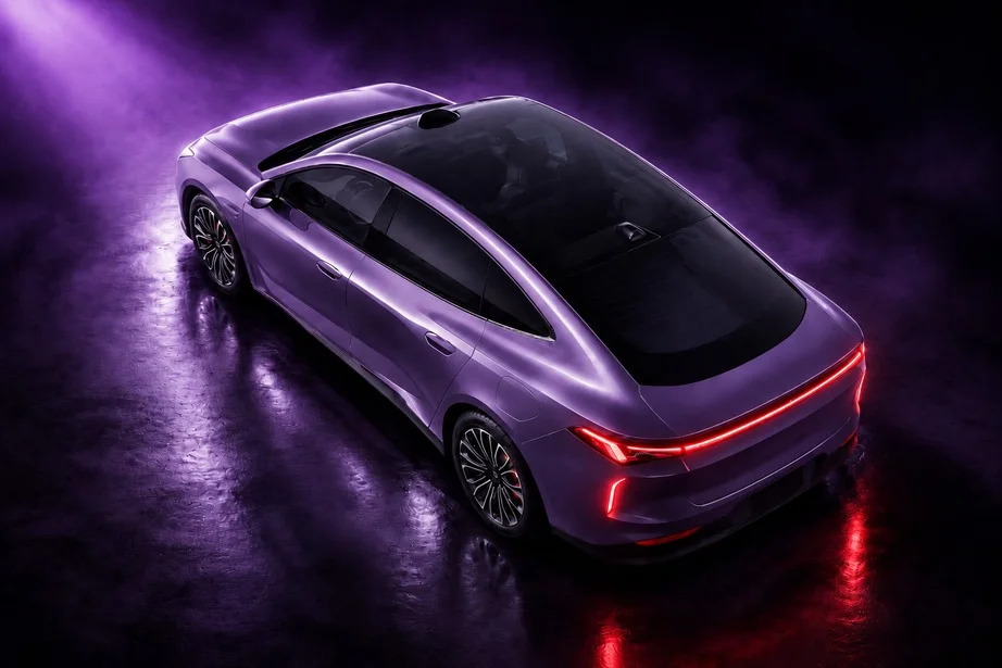 FAW Bestune Joyee N09 Pro llega a Colombia: un coupé familiar eléctrico con autonomía de 565 km 5 Bestune N09 Pro: Sedán eléctrico morado con barra de luces traseras LED.