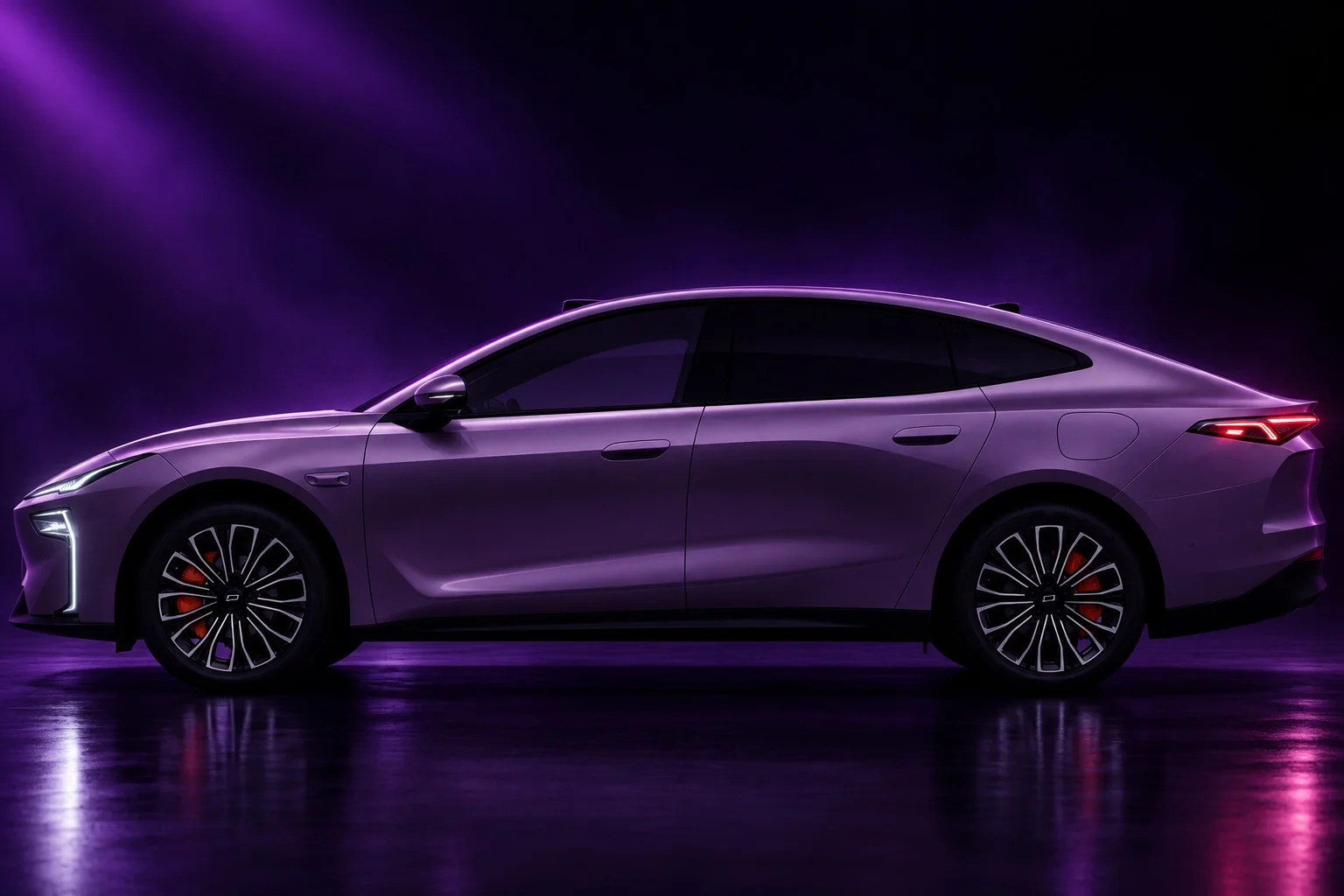 FAW Bestune Joyee N09 Pro llega a Colombia: un coupé familiar eléctrico con autonomía de 565 km 8 Bestune N09 Pro: Perfil lateral de sedán eléctrico morado con rines.
