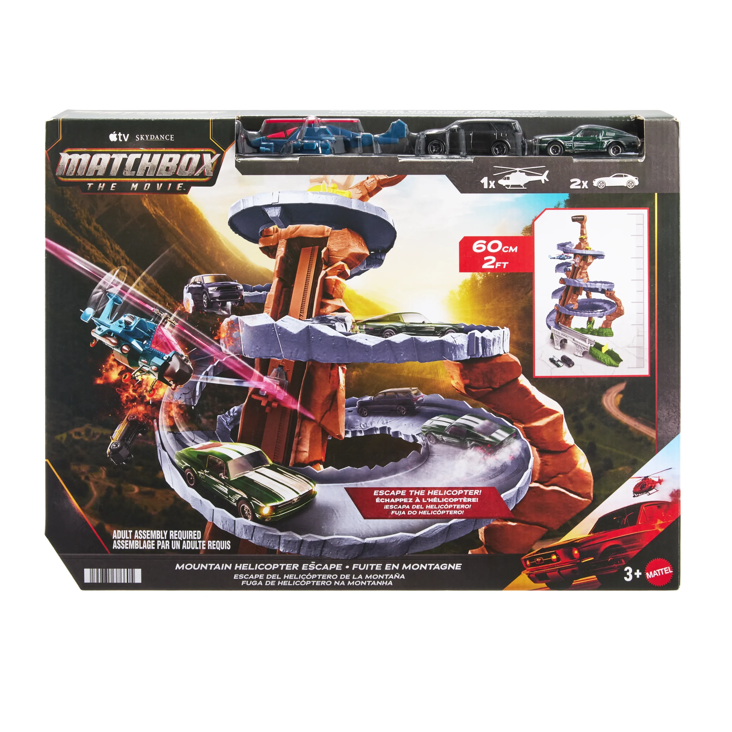 colección Matchbox La Película: Caja del set de juego Matchbox The Movie con autos y helicóptero.