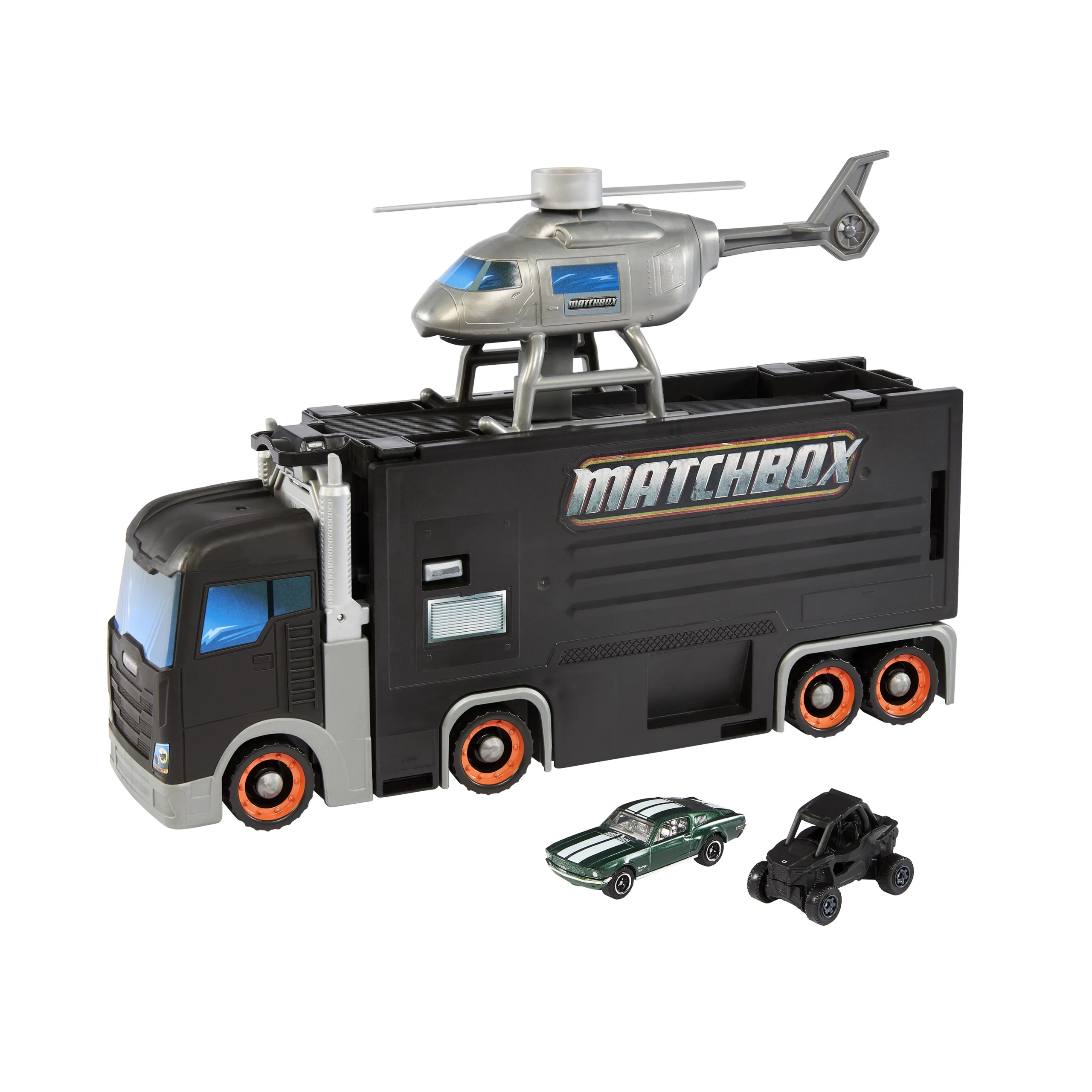 colección Matchbox La Película: Camión de juguete Matchbox con helicóptero y autos.