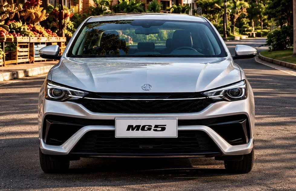 registros de vehículos eléctricos e híbridos: Frente del sedán MG5 plateado con luces LED.