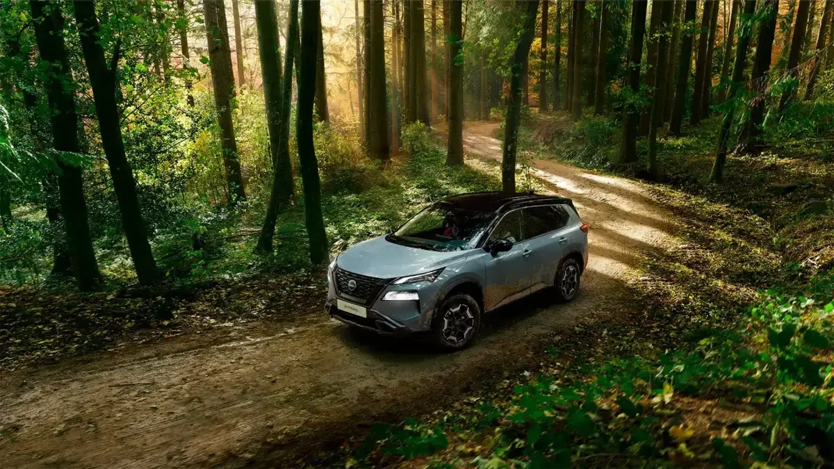 conducción eficiente de Nissan: Nissan X-Trail gris en ruta de bosque ecológico.