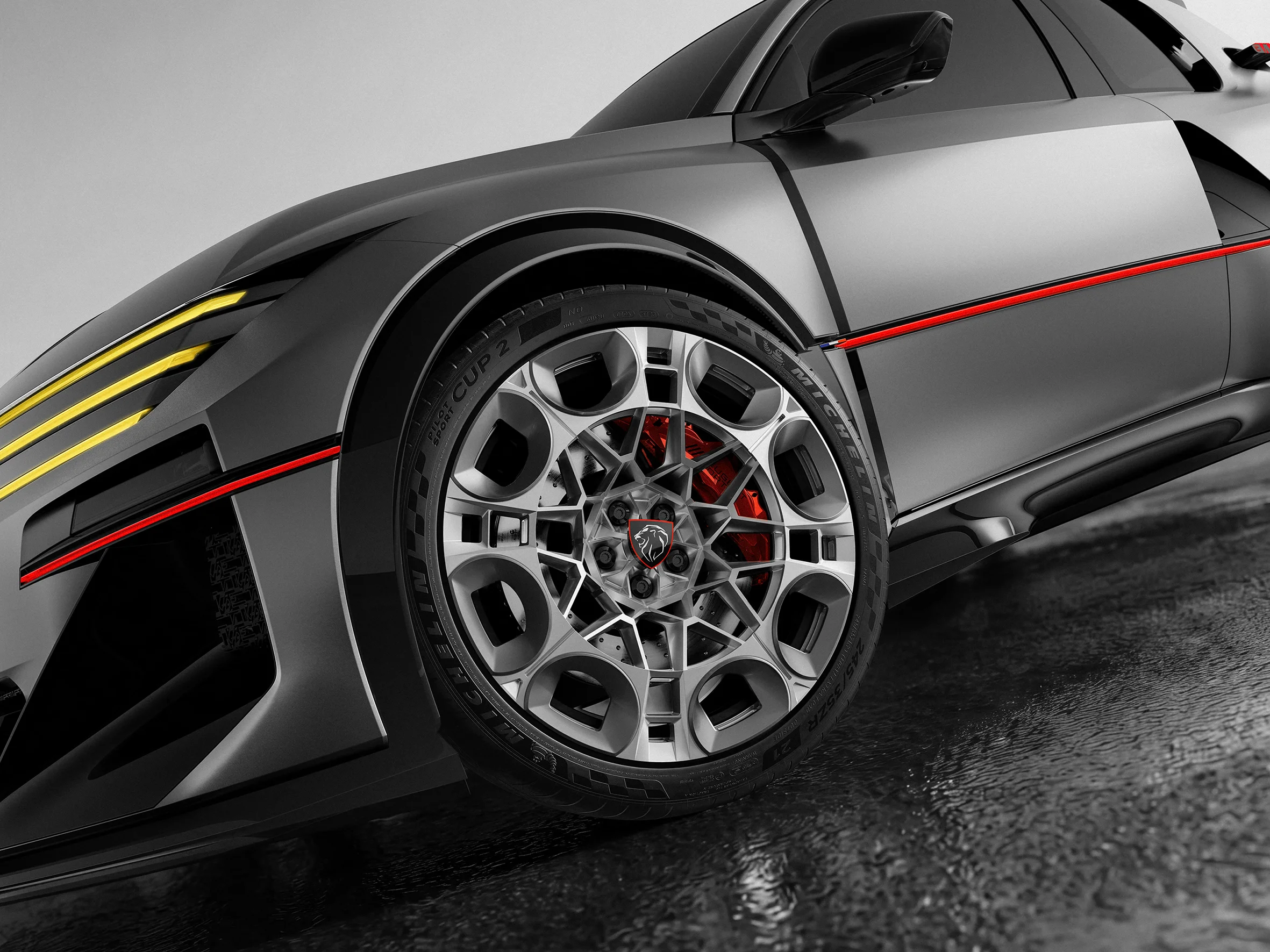 Detalle frontal del Peugeot E-T16 Concept con rines.