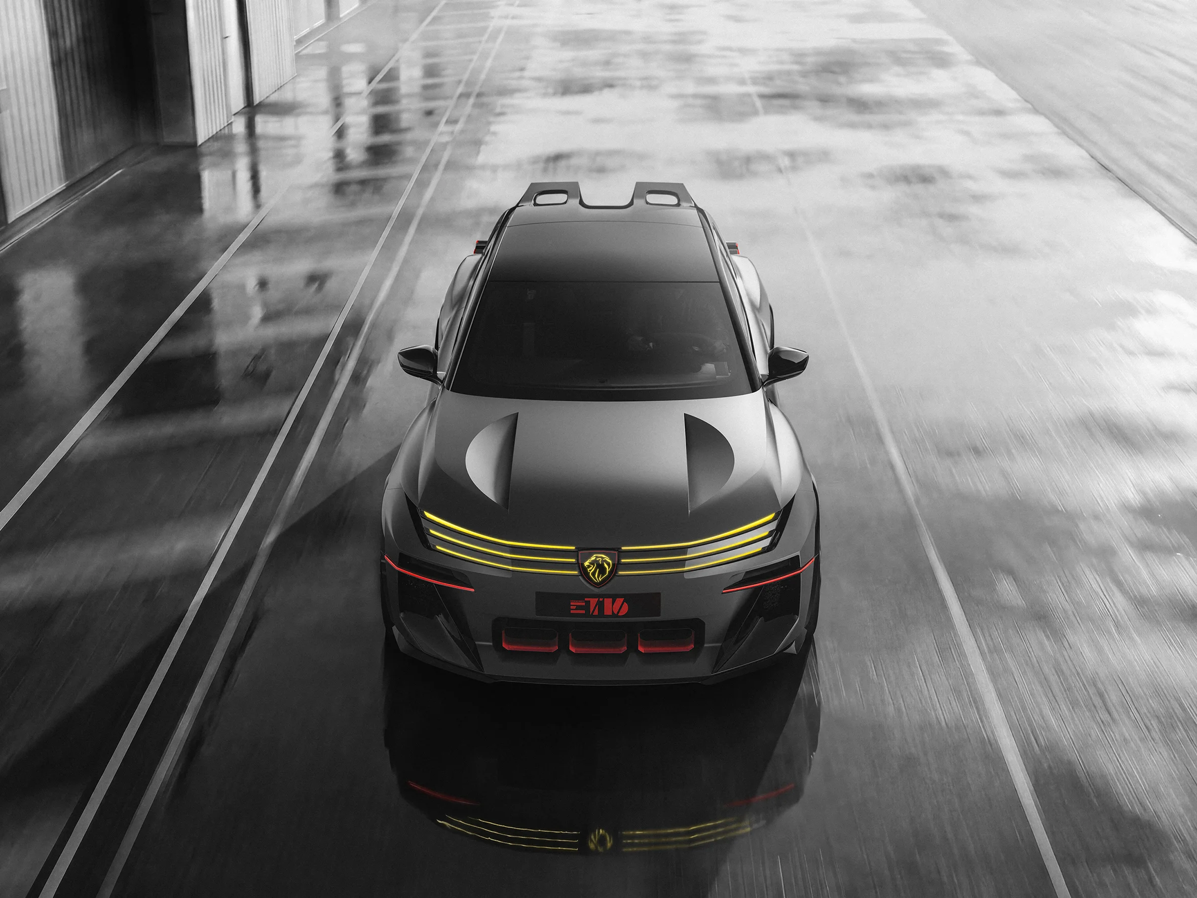 Peugeot E-T16 Concept frontal con líneas amarillas y logo.