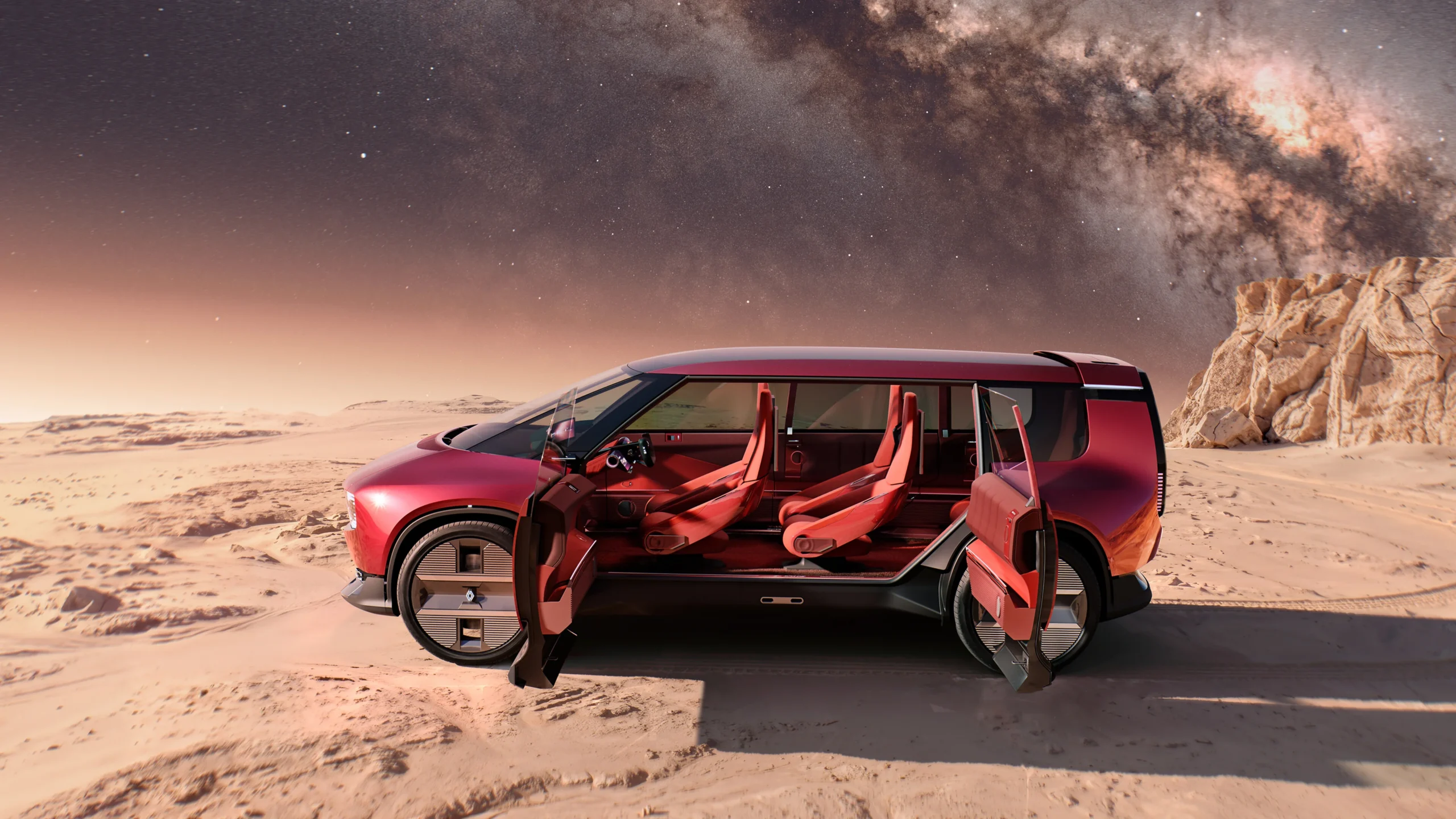 Renault E-Space Concept: una visión contemporánea para la movilidad familiar del futuro 9 Renault E-Space Concept con puertas abiertas, interior visible.
